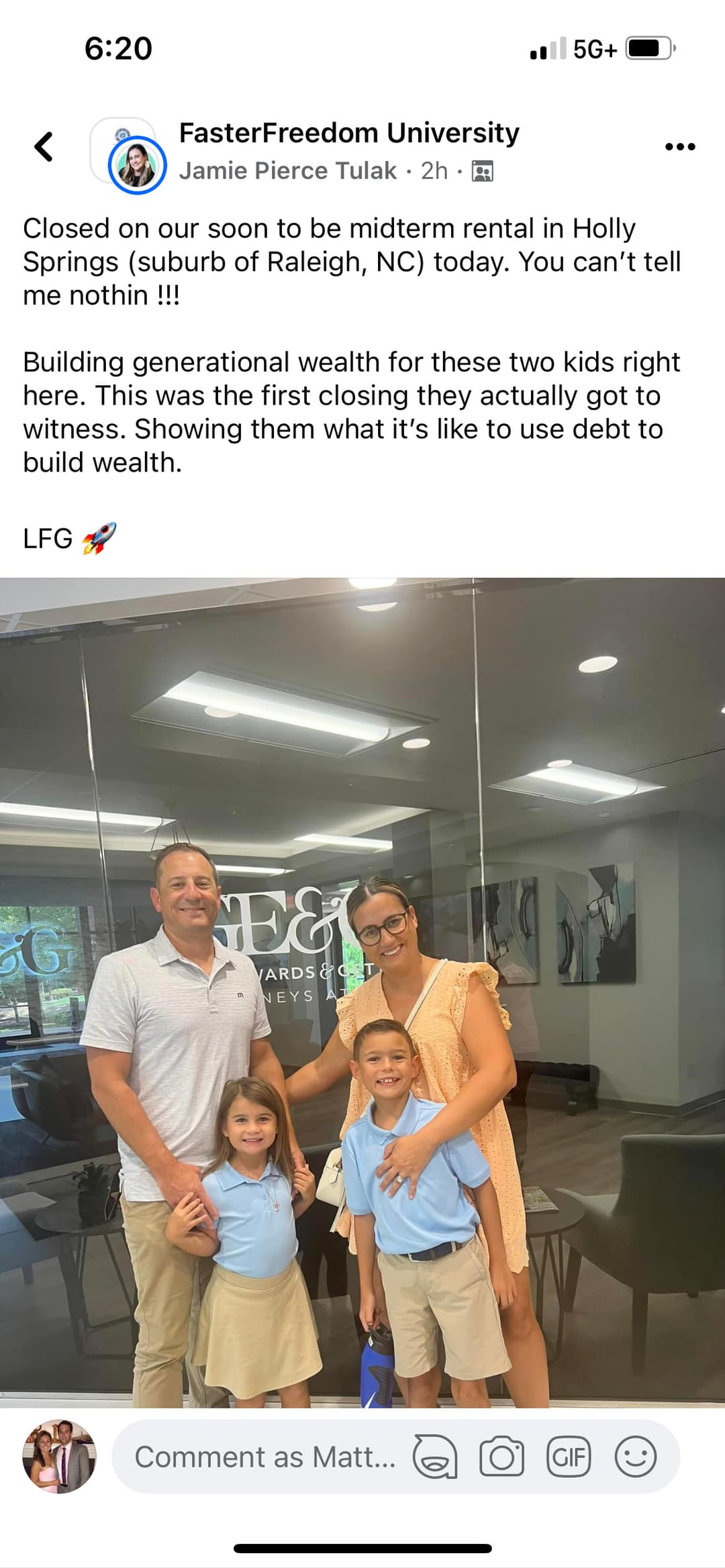 Archived FasterFreedom community post from Jamie Pierce Tulak about closing on a midterm rental