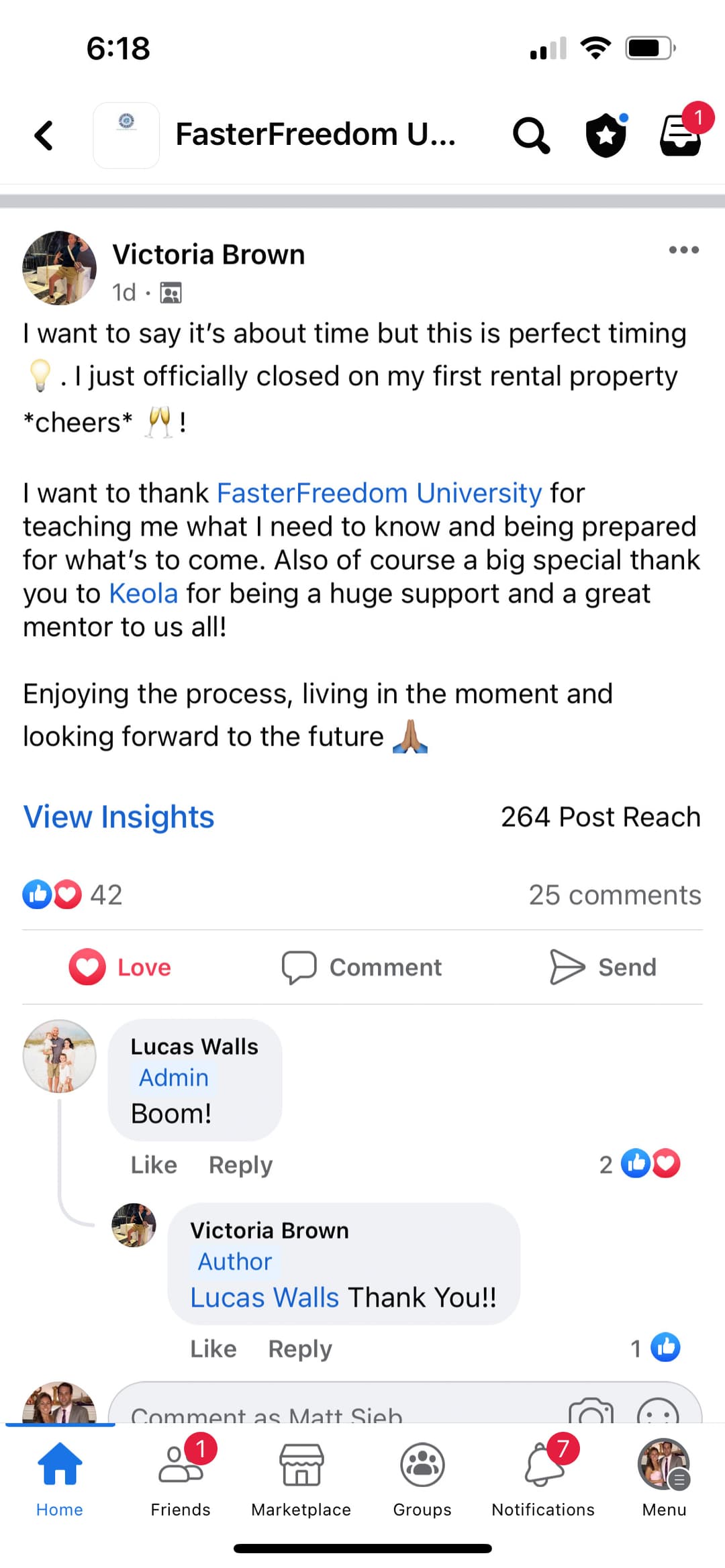 Archived FasterFreedom community post from Victoria Brown about closing on a first rental property