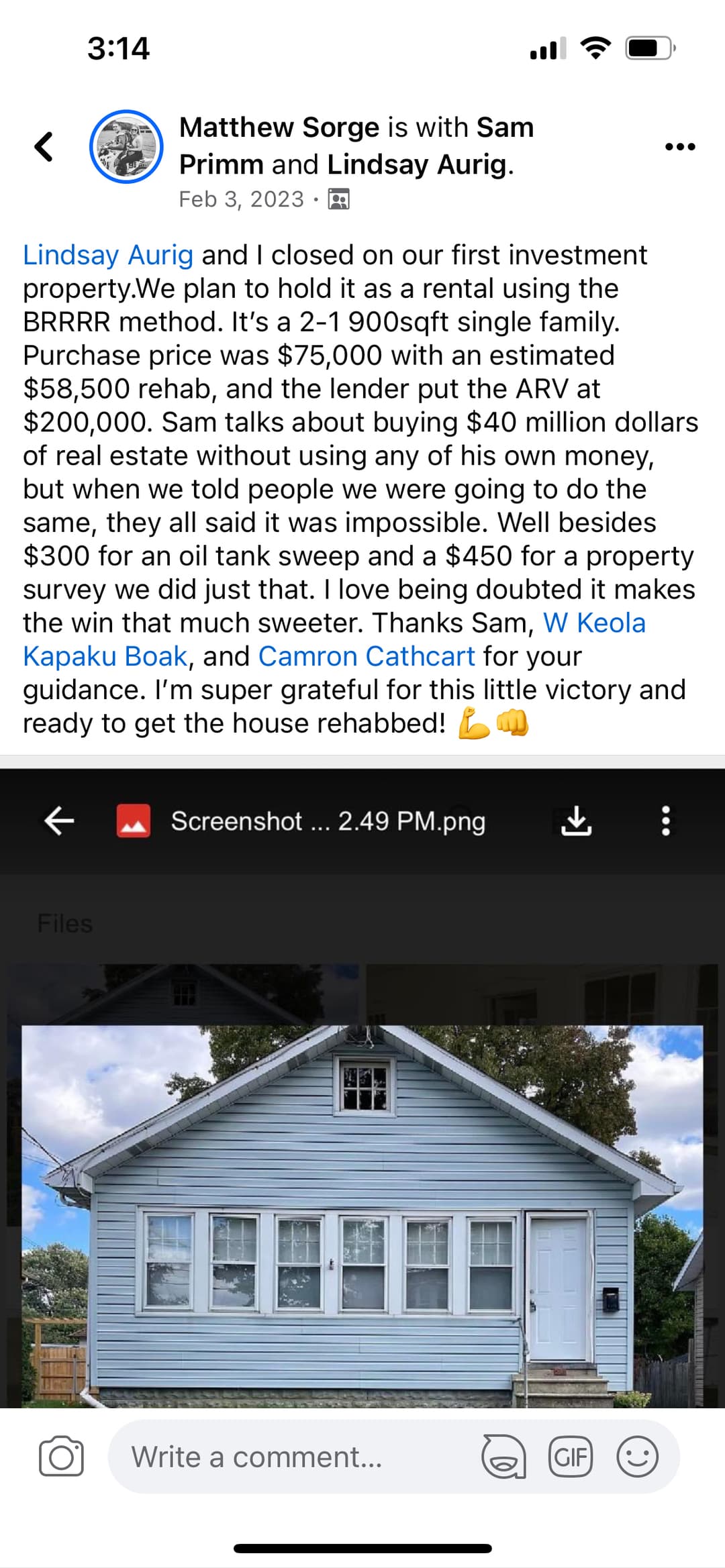 Archived community post from Matthew Sorge about a first BRRRR rental property