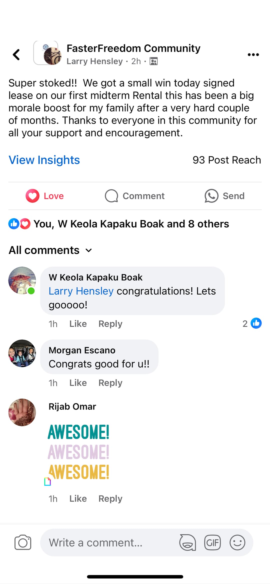 Archived FasterFreedom community post from Larry Hensley about signing a first midterm rental lease